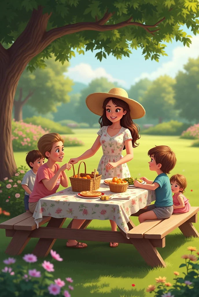 Scenario:** An outdoor garden in the afternoon. The space is spacious and well maintained., with a lush green lawn and colorful flowers all around. There is a wooden picnic table under a large tree, with a patterned tablecloth and a selection of home-made foods arranged in an appetizing way.
**Woman:** She is a woman with a relaxed and cheerful style.. She is wearing a light, flowery dress., ideal for a day outdoors, and wear comfortable sandals. Her hair is loose and a little wavy., and she wears a straw hat to protect herself from the sun.
**activity:** She is organizing a picnic, arranging plates and glasses on the table with a cheerful smile. Next to you, there is an open picnic basket, full of breads, fruits and homemade cookies. She is interacting with the children playing in the garden, helping them set up a little hut with sheets and pillows.
**Additional Detail:** Near the table, there is a group of garden chairs and a small barbecue, suggesting a plan for a family lunch. The atmosphere is light and fun, with laughter and conversation in the background. The environment reflects a feeling of relaxation and happiness, showing that she values simple and enjoyable moments with her family.
This scene conveys the idea that the woman is affectionate and enthusiastic., creating memorable and joyful experiences for your family and friends in a relaxing and natural environment.