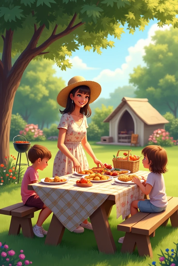 Scenario:** An outdoor garden in the afternoon. The space is spacious and well maintained., with a lush green lawn and colorful flowers all around. There is a wooden picnic table under a large tree, with a patterned tablecloth and a selection of home-made foods arranged in an appetizing way.
**Woman:** She is a woman with a relaxed and cheerful style.. She is wearing a light, flowery dress., ideal for a day outdoors, and wear comfortable sandals. Her hair is loose and a little wavy., and she wears a straw hat to protect herself from the sun.
**activity:** She is organizing a picnic, arranging plates and glasses on the table with a cheerful smile. Next to you, there is an open picnic basket, full of breads, fruits and homemade cookies. She is interacting with the children playing in the garden, helping them set up a little hut with sheets and pillows.
**Additional Detail:** Near the table, there is a group of garden chairs and a small barbecue, suggesting a plan for a family lunch. The atmosphere is light and fun, with laughter and conversation in the background. The environment reflects a feeling of relaxation and happiness, showing that she values simple and enjoyable moments with her family.
This scene conveys the idea that the woman is affectionate and enthusiastic., creating memorable and joyful experiences for your family and friends in a relaxing and natural environment.