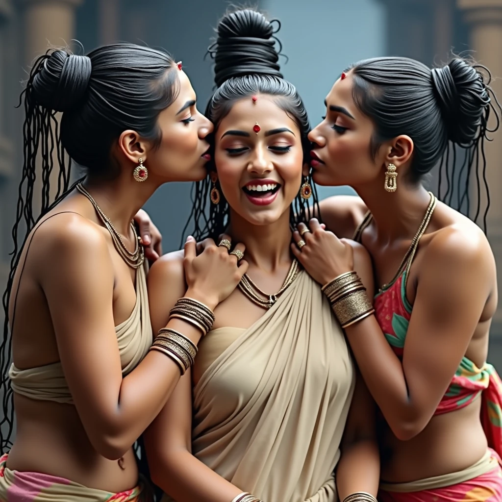 An unusual yet intriguing scene set within the sacred precincts of an ancient Indian Kali temple. Three young Indian ladies, adorned in vibrant, traditional sarees, stand out against the dark, mystical backdrop. Their unnaturally black, conrowed bun hair, reminiscent of coiled springs, draws the eye with its inexplicable sheen and volume. Each strand seems to have been meticulously crafted by an unseen hand, coiled and coiled a million times over until it reaches a state of surreal perfection. The hair appears to have been showered with an unimaginable amount of oil, so much so that it resembles wet pulp, saturated and absorbing the light around them. The kneeled lady in the center, with her hair cascading down her back, is the focal point as her tresses shimmer and reflect like a sea of black mirrors. The other two ladies, their own hair equally as wet and oil-soaked, lean over her from behind. With a playful yet fervent expression, they begin to lick and kiss her scalp, their movements seemingly driven by an unbridled passion. This act of intimate hair worship is both mesmerizing and slightly jarring, as their thick, curly locks, like dark waterfall of springs, bounce and sway with each tender caress. The scene is suffused with an air of strange ritual, as if the very essence of the divine is being invoked through the act of grooming and adoration. Each curl is a testament to the boundless creativity of nature, while the trio's shared experience speaks to a deep-rooted bond of sisterhood and the mysterious powers of feminine unity. The image captures a moment that is at once sensual, spiritual, and eerily beautiful, leaving the viewer to ponder the story behind this peculiar tableau.