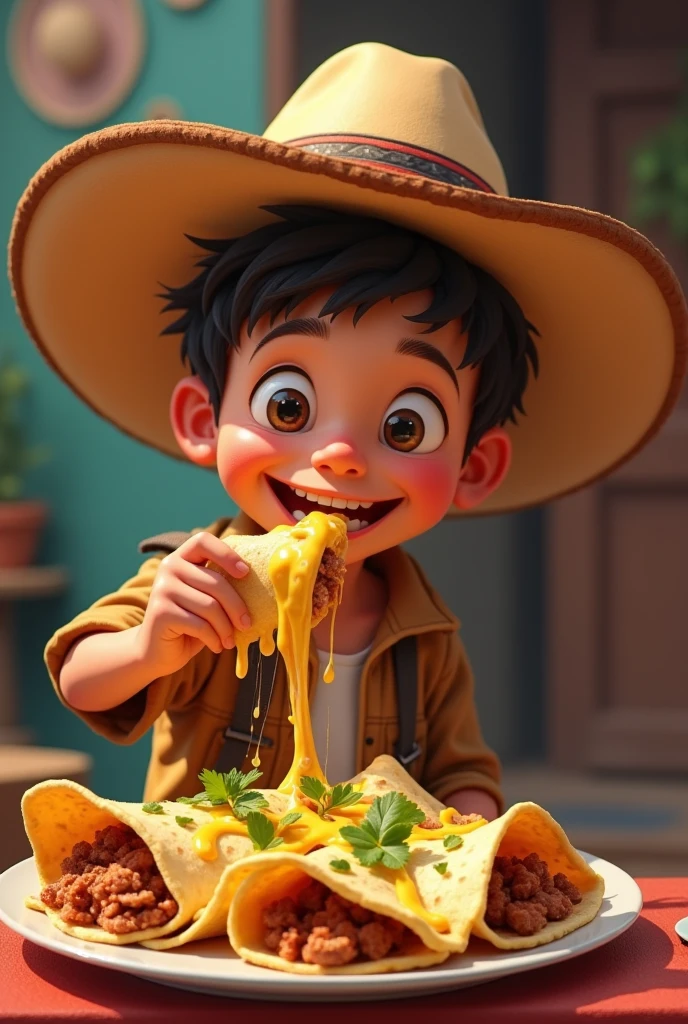Boy with cowboy hat happily eating some quesabirrias
