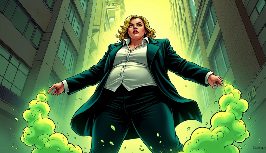 beautiful morbidly obese young female mob boss woman wearing a mobster suit farting and releasing green stinky gas from her rear, comic artstyle