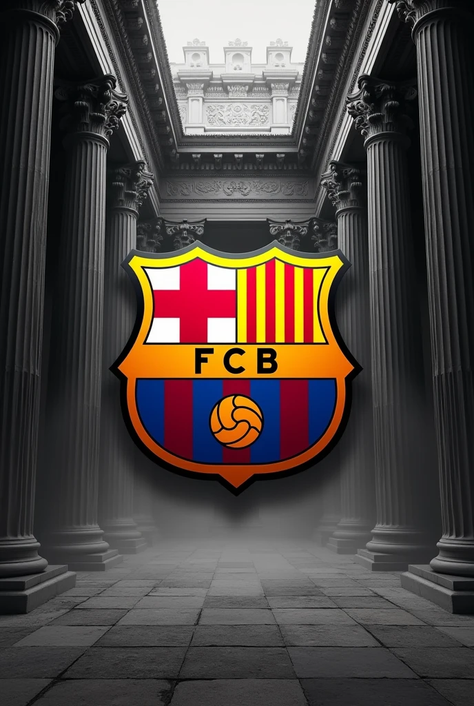 Image of the Barcelona FC shield with the background having black and white details and resembling Greek temples, below written the text Prime Ethereal