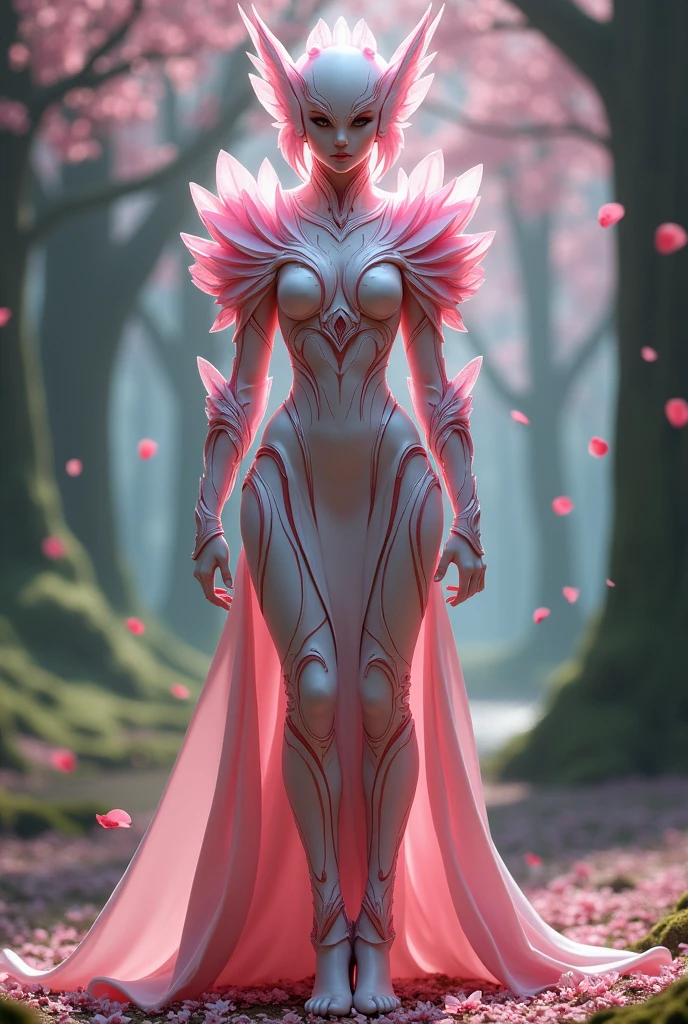 A tall, elegant sex warrior woman from the Sakurianas species, wearing a unique armor that reflects their abilities and beauty. The armor is lightweight, made of petal-like material that is 100 times stronger than diamond but appears delicate and organic. The armor sex has a shimmering pink and white color scheme, resembling the natural hues of Sakura petals. The chest plate and shoulder guards are adorned with intricate floral patterns that look like blooming Sakura flowers. The helmet is sleek, with a visor shaped like overlapping petals, and the whole armor has a flexible, almost fluid-like appearance. The armor also has glowing veins of energy running through it, matching the regenerative and powerful nature of the wearer. The background is a mystical forest, with falling Sakura petals around the warrior.