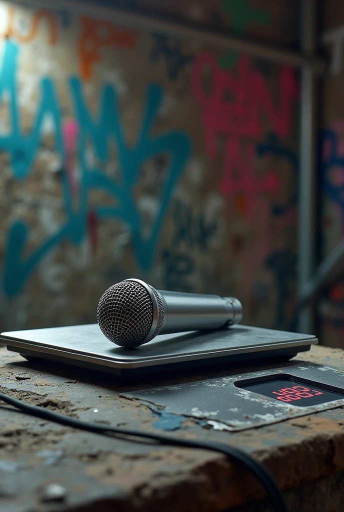 Make a modern digital scale with a concert microphone lying horizontally on top of it being weighed, with a very underground background all covered in graffiti