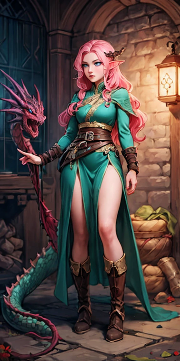 Woman, long wavy hair, pink hair, blue eyes, elf, near a dragon, dragon , Expression would be, using boots, 