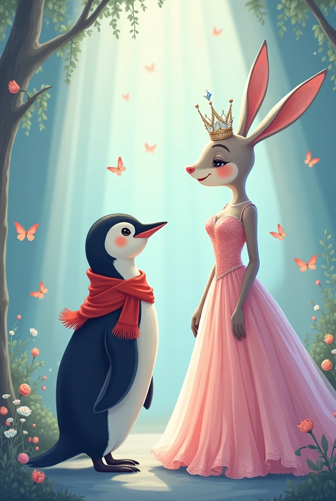 Create illustration of a white tall female animal bunny in a gown in soft shades of pink and blue, a crown tiara on her head talking to a tall penguin who is wearing a red scarf in a magical background Show them happy and interested. Fairytale atmosphere. Vector illustration. Add 2 butterflies in the background