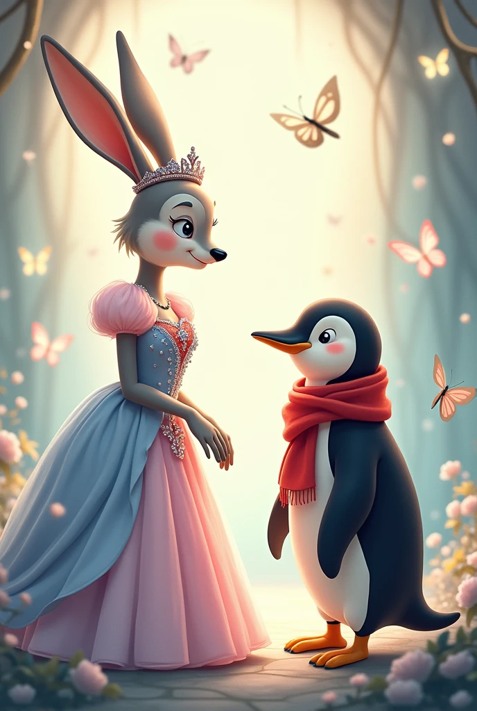 Create illustration of a white tall female animal bunny in a gown in soft shades of pink and blue, a crown tiara on her head talking to a tall penguin who is wearing a red scarf in a magical background Show them happy and interested. Fairytale atmosphere. Vector illustration. Add 2 butterflies in the background
