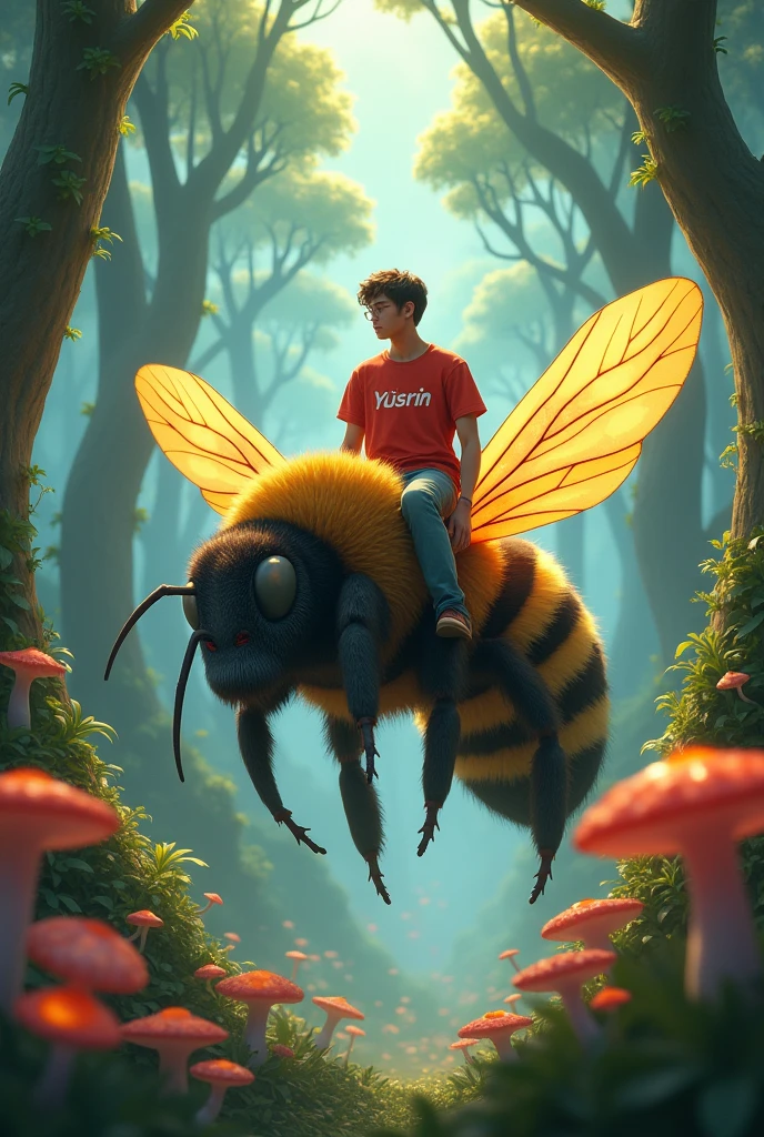 A man 2 wearing a red t-shirt with lebeled Yusrin rides bee against a fantasy forest background 3d