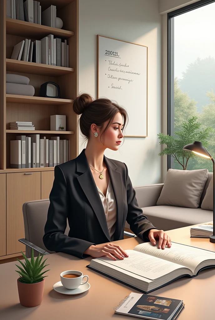 **Scenario:** A home office, modern and organized, with minimalist decoration. The walls are a neutral tone and there is a large bookshelf with books and some decorative objects.. An elegant work desk, with a comfortable chair and a modern design lamp, occupies the center of the space.
**Woman:** She is a woman with a professional and sophisticated style.. She is dressed in a dark colored blazer and pants set., with a silk blouse underneath. Her hair is stuck in an elegant bun, and she wears discreet accessories, like a delicate necklace and a pair of small earrings.
**activity:** She is reviewing documents and working on her computer, with a focused and calm expression. On his desk, there is a cup of coffee and a small plant in a pot. There is an open agenda, with organized notes and a to-do list.
**Additional Detail:** Near the table, there is a large window overlooking an outside garden, that lets in plenty of natural light. A whiteboard on the wall displays some notes and reminders, and there is a rest area with a small sofa and some magazines.
This scene conveys the idea that the woman is a professional, organized and efficient, managing your responsibilities well while maintaining a comfortable and well-structured work environment. She demonstrates dedication to her work and work-life balance..