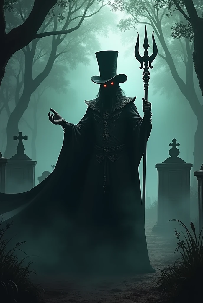 a man in a cape and top hat and a trident in his hand in a cemetery with the appearance of Exu (umbanda entity)