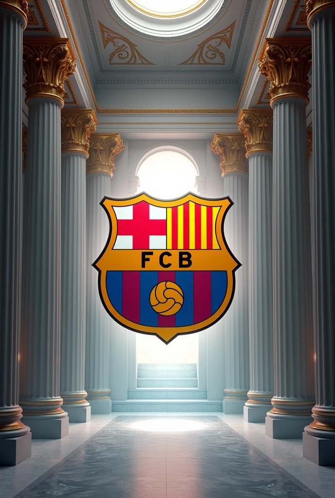 Image of the Barcelona FC shield with the background having gold and white details and resembling Greek temples, below written the text Prime Ethereal
