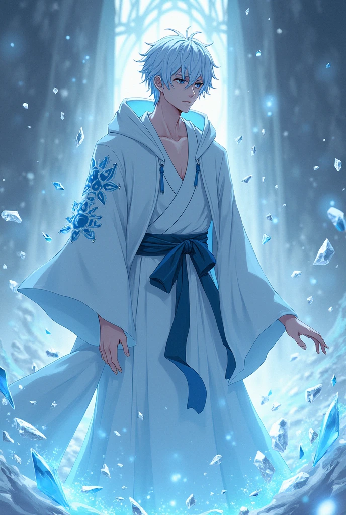 Create a short male character with short white hair and blue highlights, white kimono and ice details, on his face a sad expression, He is wearing a hood and emanating a vast amount of ice around him