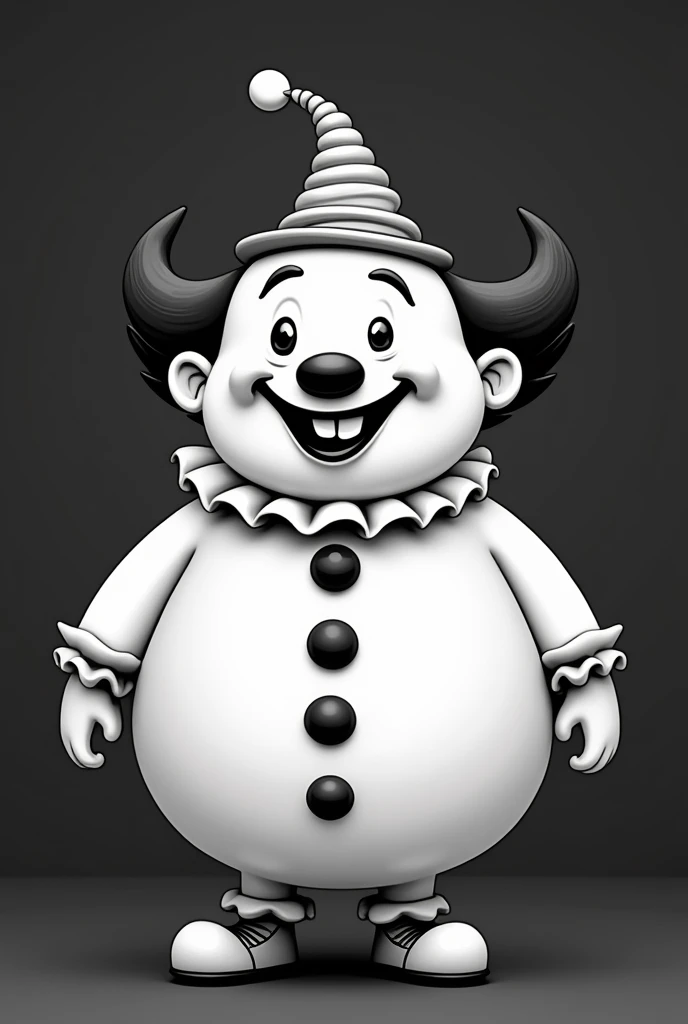 A 2D clown that is all round in black and white
