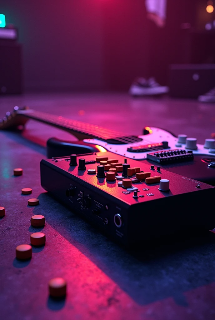 Asthetic photo with purple tones of electric guitar lying next to synthesizer on the floor of a nightclub with orange and white medicine pills on top with purple lighting and photo noise 
