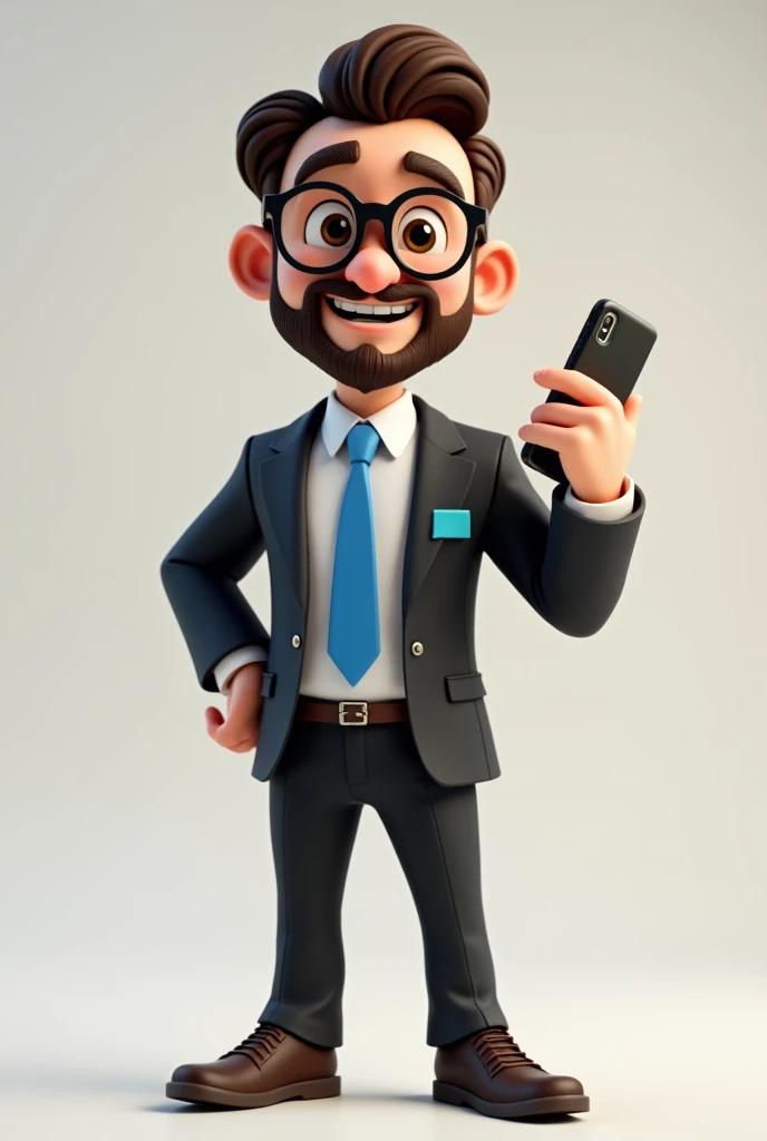 A full body 3D cartoon character. He has a friendly and charismatic appearance. The character is a young man with fair skin, dark brown hair, thick beard and eyebrows, large brown eyes and wears glasses. He is smiling confidently. The character is dressed formally, with a black suit, a blue tie and a handkerchief in the blue pocket that matches the tie. He has a cell phone in one hand and the other is pointing. Your relaxed posture suggests confidence and happiness. The background of the image is neutral, which highlights the character even more.