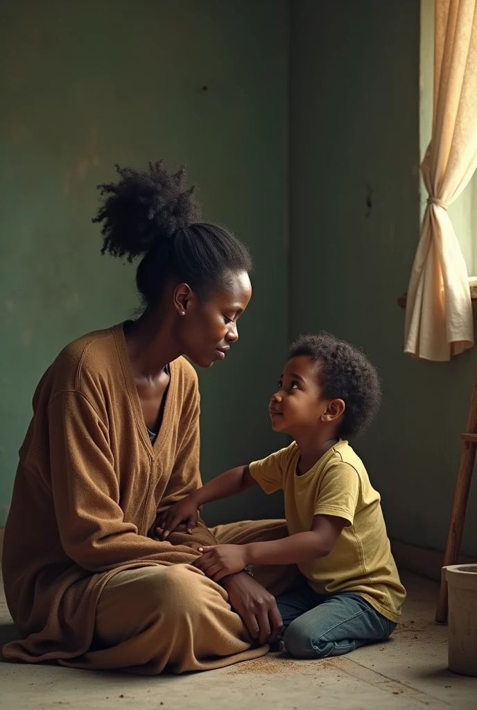 A young, poor black woman in her forties talking to her five-year-old brother in a poor, bedless room