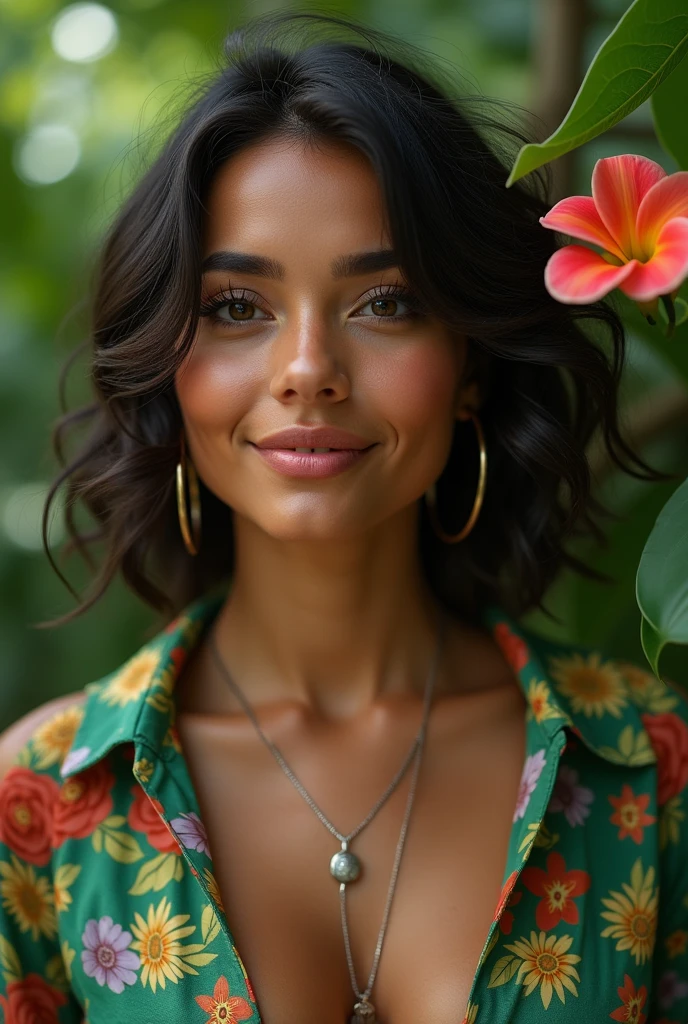 A Brazilian woman in a lush tropical garden, wearing an open shirt with a floral print, with a close-up capturing the harmonious beauty between her breasts and the natural flowers, showing off your natural charm and outgoing personality.