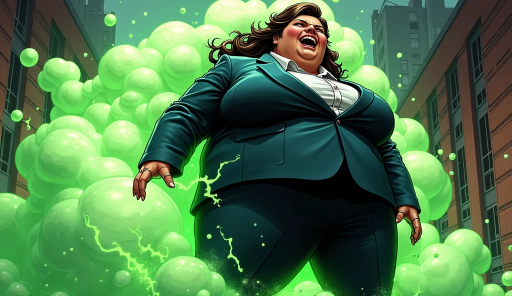beautiful morbidly obese young female mob boss woman wearing a mobster suit farting and releasing green stinky gas from her rear, comic artstyle