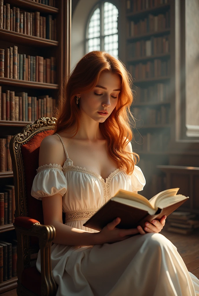 Make 1 woman in a library of books, reading a book, high resolution, detailded