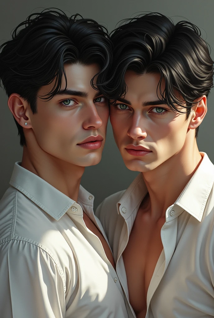 2 man, white skin, gray-green eyes, muscular, very attractive black hair, with white shirt, that only one appeared