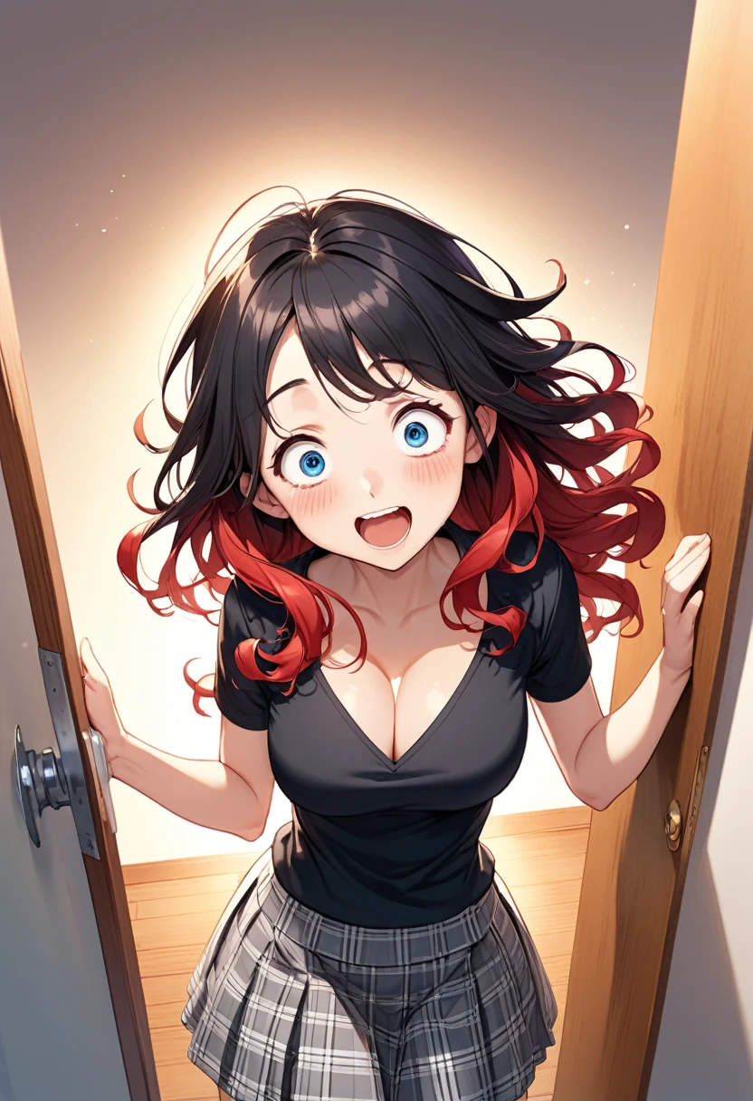 detailed illustration, dynamic angle, ultra-detailed, illustration, 1girl, school girl, black blouse, grey plaid skirt, cleavage, wavy hair, gradient hair, bicolor hair, black hair, red hair, long hair, bright blue eyes, cleavage, doorway, front door, outside, wide eyes, big eyes, excited, eager, blush, flush, horny, happy, delighted, skinny, desperate