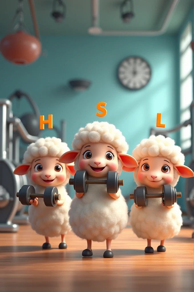3 cute animated sheep in the gym lifting weights, and each one carries a letter in their ear the letters are H, s, L