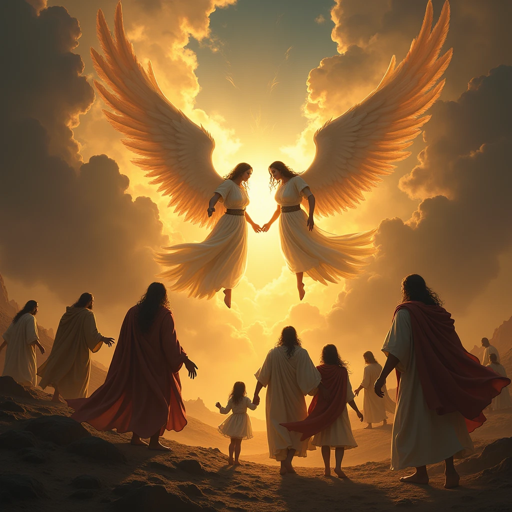 biblical scenes where angels appear as messengers._
two angels are sent to destroy Sodom and Gomorrah, but before, they rescue Lot and his family. These angels are not just messengers, but also executors of God&#39;s will. days because he was fighting against the &#39;prince of the kingdom of Persia&#39;. This reveals that angels are also involved in spiritual battles that we do not always realize.."