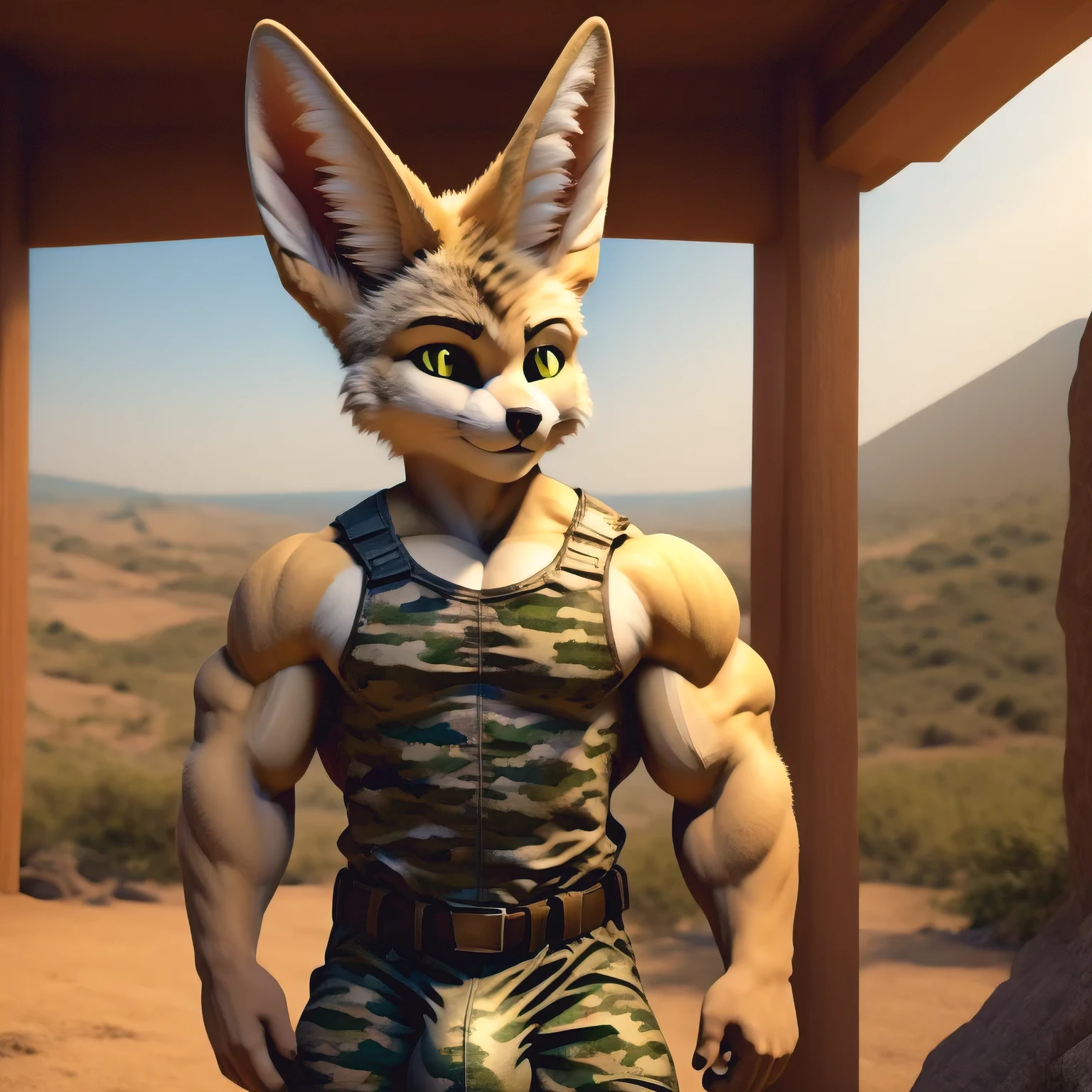 ripped muscular, solo, fennec, serious face, tattoo, yellow eyes, detailed eyes, young, kid, kid face, without clothes, fennec tail, full naked, camo pants, big bulge in the crotch