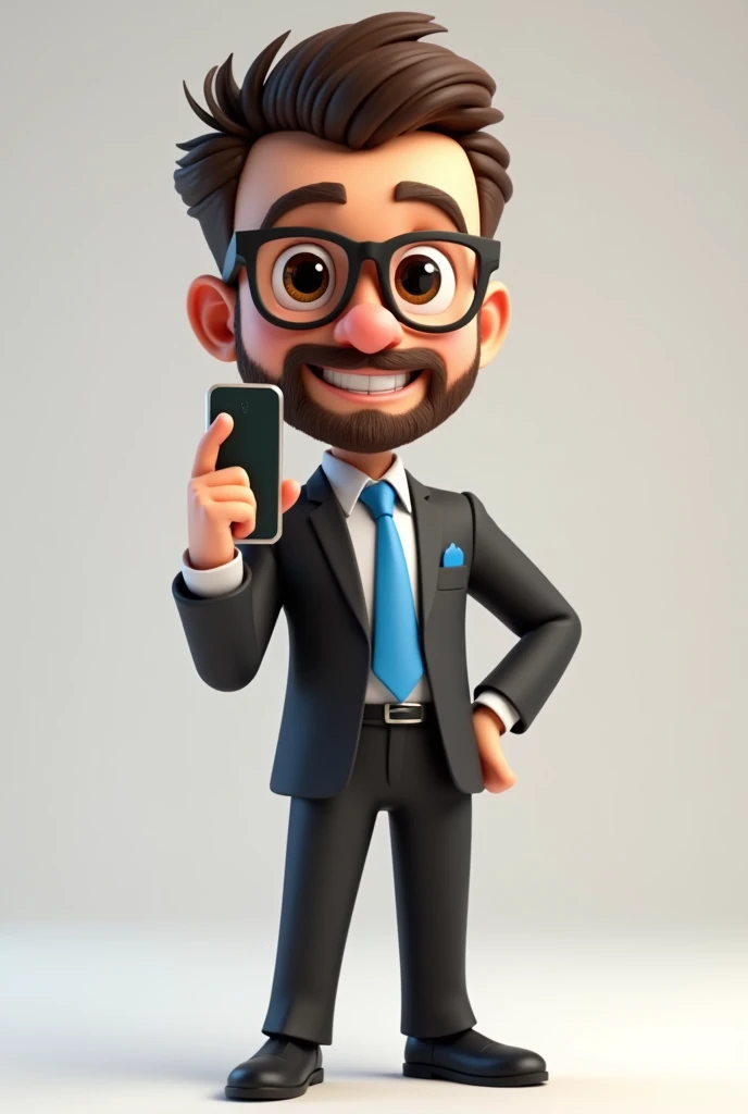 A full body 3D cartoon character. He has a friendly and charismatic appearance. The character is a young man with fair skin, dark brown hair, thick beard and eyebrows, large brown eyes and wears glasses. He is smiling confidently. The character is dressed formally, with a black suit, a blue tie and a handkerchief in the blue pocket that matches the tie. He has a cell phone in one hand and the other is pointing. Your relaxed posture suggests confidence and happiness. The background of the image is neutral, which highlights the character even more.