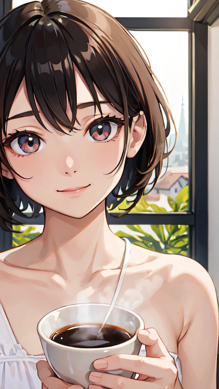 ((Highest quality)), ((masterpiece)), (detailed), One girl, Almond Eye,early morning,Close up of face,Outside the window, a quiet town ,You can hear birds singing, Surrounded by the aroma of coffee, A new day begins,Just a little bit of milk and sugar, Your own special recipe,That cup will save me, Greeting a new day with a smile