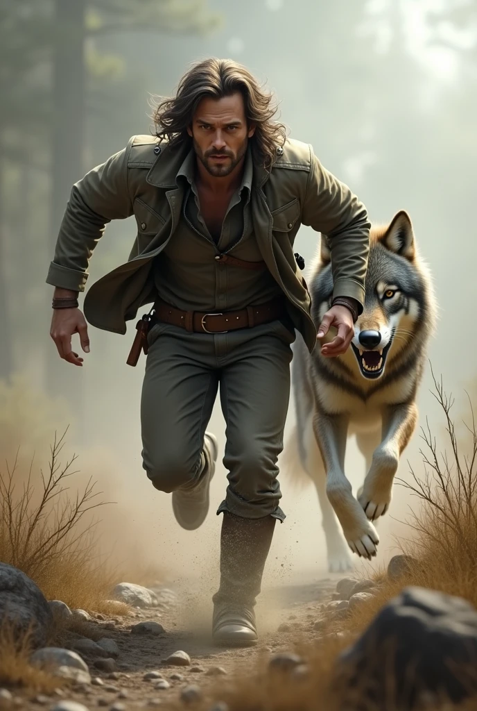 A man walks but is chased by a wolf