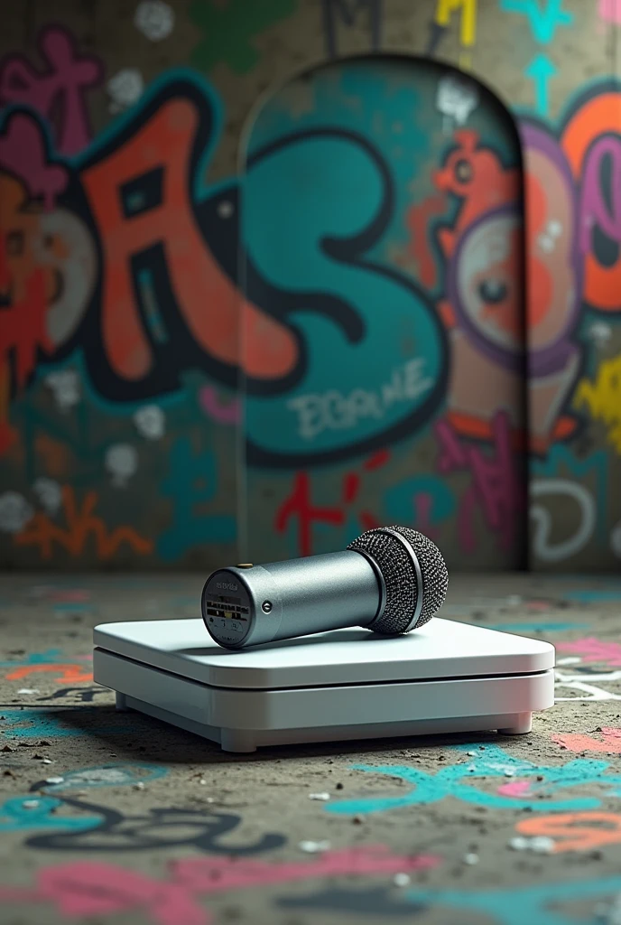 Make a white digital kitchen scale with a concert microphone lying horizontally on top of it being weighed, with a very underground background all covered in graffiti