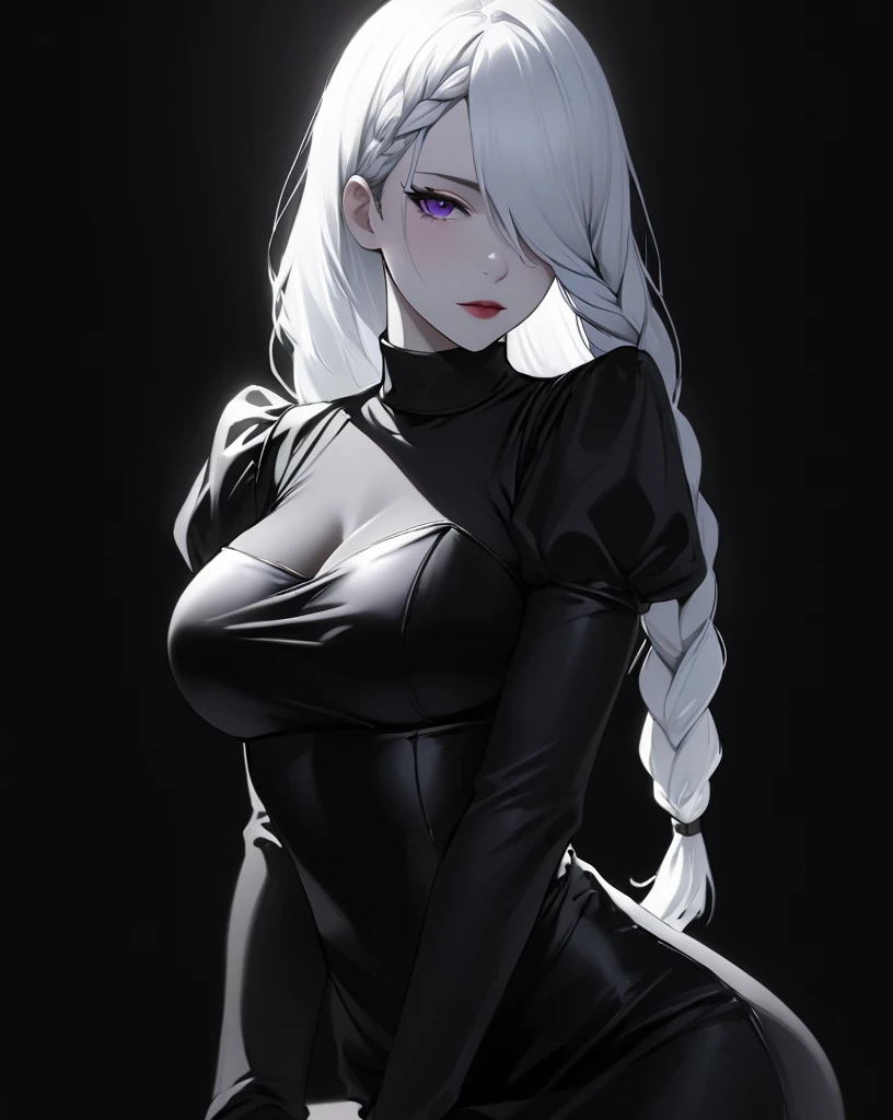 mei mei, long hair, very long white hair, braid, hair over one eye, braided ponytail, ((front braided bangs covering one eye)), purple eyes, black metallic bikini, pinup style, sexy, submissive, minimalist, ((realistic)), lonely, monochromatic black and white color palette, soft lighting, ((submissive)), large breasts, thin, ((solid black background)), ((looking at viewer)), slim, long sleeves, dress, puffy sleeves, black dress, juliet sleeves, turtleneck dress,
