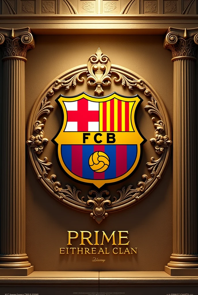 Image of the Barcelona FC shield with the background having gold and white details and resembling Greek temples, below is written the text "Prime Ethereal Clan"