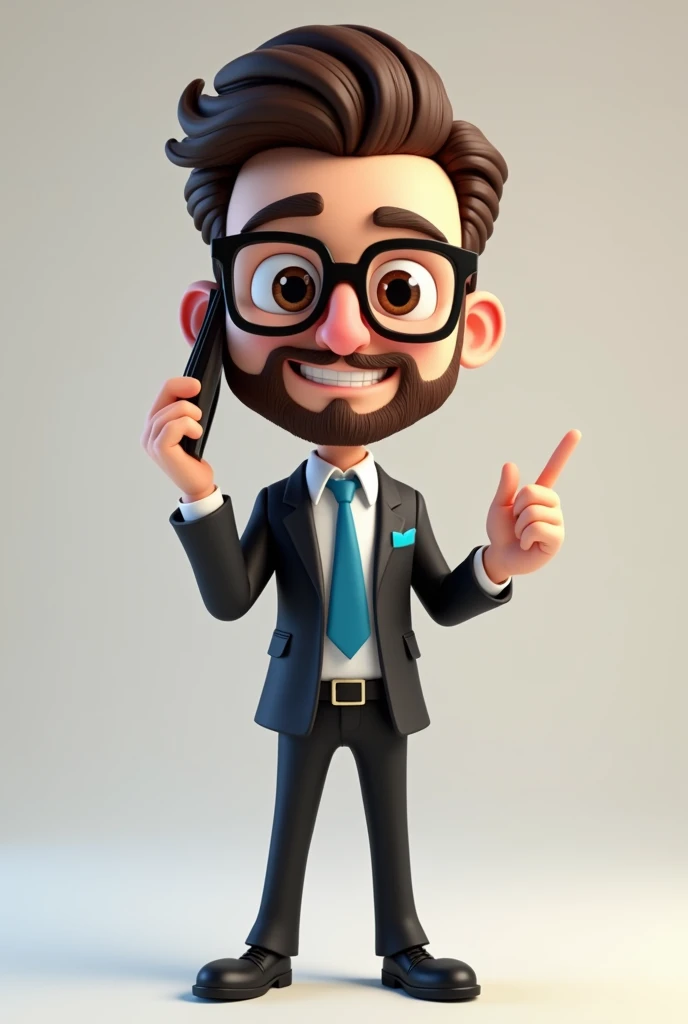 A full body 3D cartoon character. He has a friendly and charismatic appearance. The character is a young man with fair skin, dark brown hair, thick beard and eyebrows, large brown eyes and wears glasses. He is smiling confidently. The character is dressed formally, with a black suit, a blue tie and a handkerchief in the blue pocket that matches the tie. He has a cell phone in one hand and the other is pointing. Your relaxed posture suggests confidence and happiness. The background of the image is neutral, which highlights the character even more.