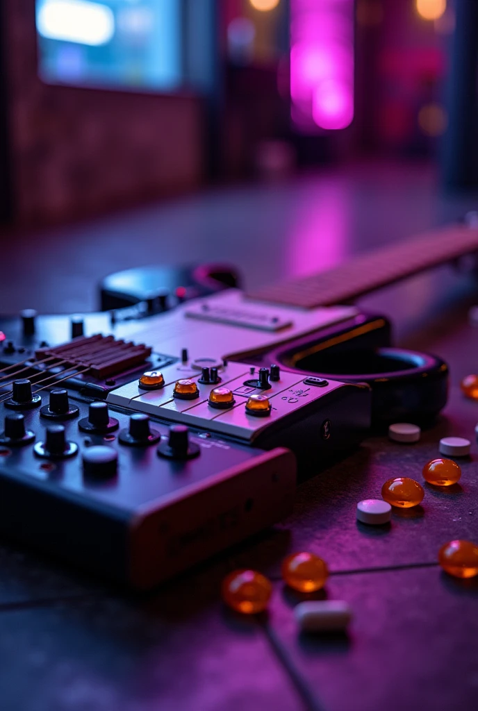 Asthetic photo of electric guitar lying next to synthesizer on the floor of a nightclub with orange and white medicine pills on top with purple lighting  
