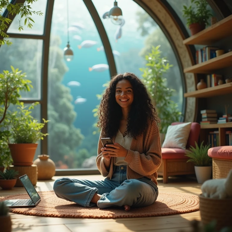 realistic photo of a (pretty girl, 20 years old, brunette, black eyes) into a big room being a glass dome resembling a greenhouse, (full lips) , ((perfect face)), [[mild smile]], proportionate body,mixed herritage, beautyfull, beautyfull face, tanned skin, two arms, two legs, five fingers by hand, full body, (curly black long hair), casual pijama, girl seat at floor at carpet, cosy casual room into the dome, baffle, shelf with books and collectibles, notebook pc at floor, cellphone at hand, sealife outside room but dry into thanks the glasss