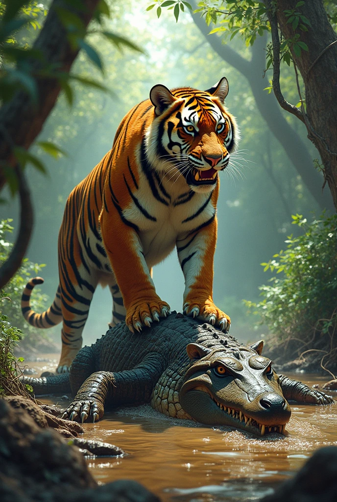 "A fierce tiger stands triumphantly over a defeated crocodile in a lush jungle setting. The tiger, with its striking orange and black-striped fur and muscular build, exudes power and dominance as it towers over the crocodile. The crocodile, with its rough, scaly skin and formidable jaws, lies on the muddy riverbank, partially submerged in the shallow water, showing signs of exhaustion and defeat. The surrounding jungle is dense with vibrant green foliage, tall trees, and hanging vines, creating a rich and textured backdrop. The sun filters through the canopy, casting dappled light on the scene, illuminating the tiger's fur and the crocodile’s rough scales. The ground around them shows signs of a struggle, with disturbed mud, broken branches, and ripples in the water, adding to the intensity of the moment