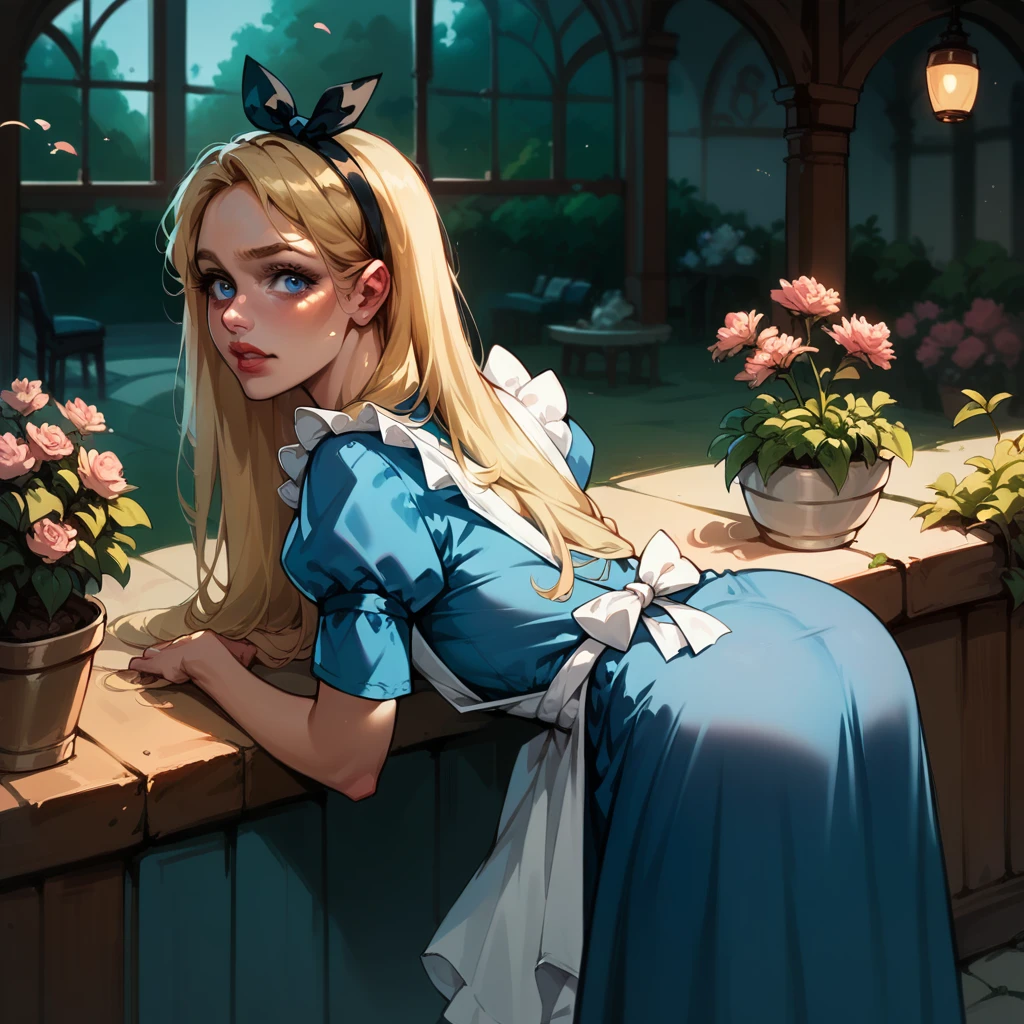 score_9, score_8_up, score_7_up, score_6_up, 1girl, , AliceWaifu, (ultra HD quality details),  blue dress, white pantyhose, apron, ((blonde hair, long hair, blue eye, black hairband)), garden settings, (cinematic lighting:1.2), (dusk:1.2), bent over, from_behind, ass focus