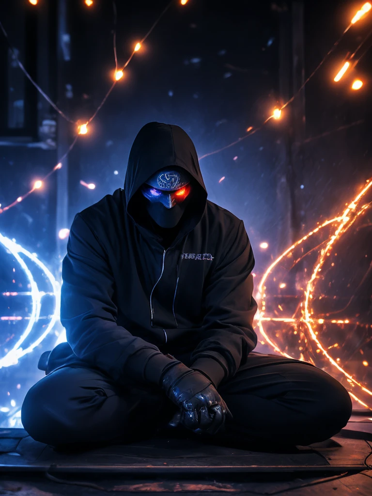 A shadowy character wearing a dark hooded jacket and a face covered by a glowing mask with a terrifying pattern of red eyes and a sinister smile in the form of glowing white stitching.. He is sitting in a relaxed manner in front of a metal fence, with a carefree but intimidating posture. The background is dark with a blue night sky, and the lighting dramatically highlights the shine of his eyes and mouth, while little red sparks float in the air, adding a tense and urban atmosphere. The style is dark and aggressive, with a cyberpunk and vigilante aesthetic, conveying a sense of latent danger.