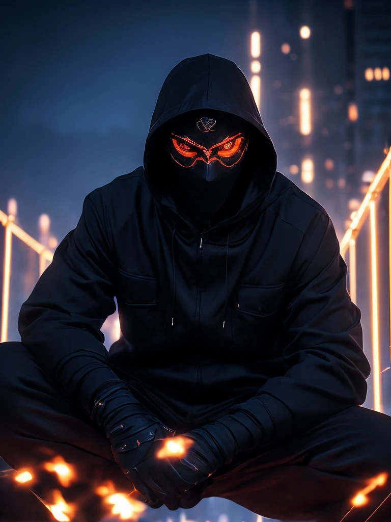 A shadowy character wearing a dark hooded jacket and a face covered by a glowing mask with a terrifying pattern of red eyes and a sinister smile in the form of glowing white stitching.. He is sitting in a relaxed manner in front of a metal fence, with a carefree but intimidating posture. The background is dark with a blue night sky, and the lighting dramatically highlights the shine of his eyes and mouth, while little red sparks float in the air, adding a tense and urban atmosphere. The style is dark and aggressive, with a cyberpunk and vigilante aesthetic, conveying a sense of latent danger.