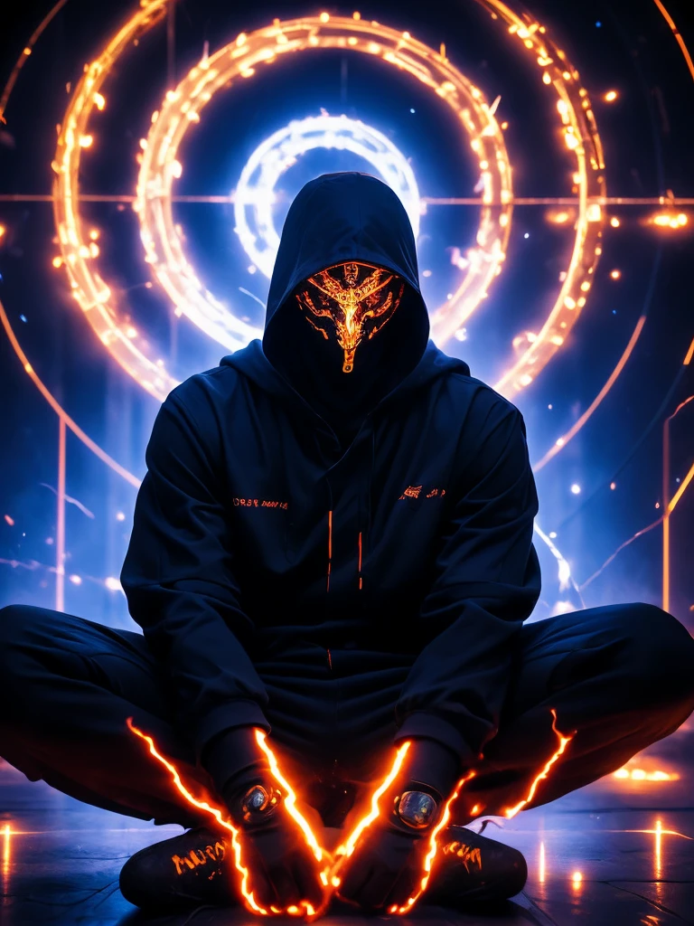 A shadowy character wearing a dark hooded jacket and a face covered by a glowing mask with a terrifying pattern of red eyes and a sinister smile in the form of glowing white stitching.. He is sitting in a relaxed manner in front of a metal fence, with a carefree but intimidating posture. The background is dark with a blue night sky, and the lighting dramatically highlights the shine of his eyes and mouth, while little red sparks float in the air, adding a tense and urban atmosphere. The style is dark and aggressive, with a cyberpunk and vigilante aesthetic, conveying a sense of latent danger.