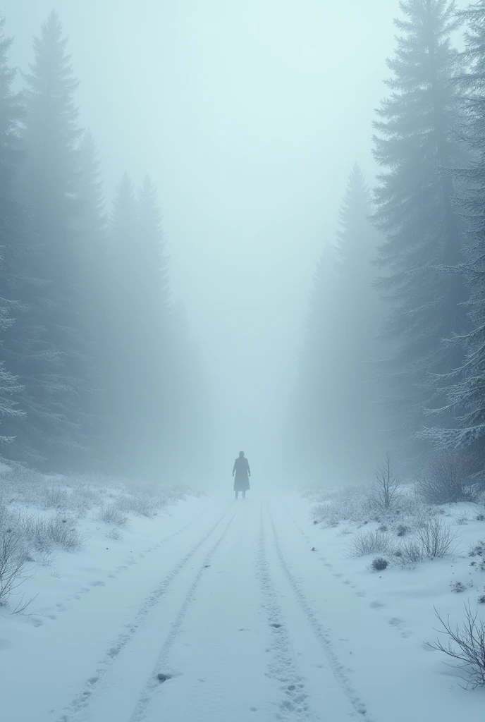 Create a domain expanse whose interior is filled with snow and fog, This domain is cold and gives a feeling of calm and fear