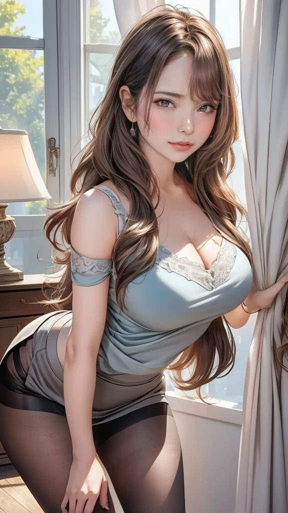 (masterpiece:1.2, top-quality), (realistic, photorealistic:1.4), beautiful illustration, (natural side lighting, movie lighting),
looking at viewer, cowboy shot, front view:0.6, 1 girl, japanese, high school girl, perfect face, cute and symmetrical face, shiny skin,
(long hair:1.8, straight hair:1.7, sidelocks, light brown hair), hair between eye, blue green eyes, long eye lasher, (large breasts:0.8, thick thighs),
beautiful hair, beautiful face, beautiful detailed eyes, beautiful clavicle, beautiful body, beautiful chest, beautiful thigh, beautiful legs, beautiful fingers,
((light purple camisole, grey skirt, black pantyhose),
(beautiful scenery), night, living room, window, curtain, wariza, bent over, arms at floor, (confused, upper eyes),