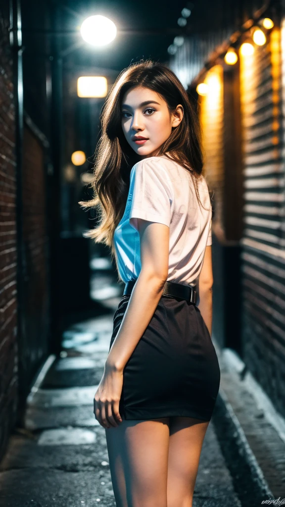 (perfect bodies: 1.1), （Extremely detailed CG 8k wallpaper），（Extremely refined and beautiful），（tmasterpiece），（best qualtiy：1.0），（Ultra-high resolution：1.0，[A high resolution] Smooth and flawless fair skin，ultra - detailed ，Elongated legs, (medium breasts:1.1)，（Black tight torn mini short skirt:1.4),(white short-sleeve shirt:1.2),(brown suede belt)，from back:1.4, full body shot, standing, (emphasize back, hip, buttoms:1.3), long messy straight hair, detailed face, white sneakers:1.2, perfect body proportions:1.2, pantylines:1.3, see black bra under shirt:1.3: translucent shirt:1.4, 90s flash photo:1.4, looking back at viewer:1.4, open mouth a little:1.4, on the dark  alley:1.4, all lamps are turned off:1.4, light source is only flash light:1.4, midnight:1.4, flash light on face:1.4, blow hair:1.2, totally dark background, over bright flash:1.4, light out