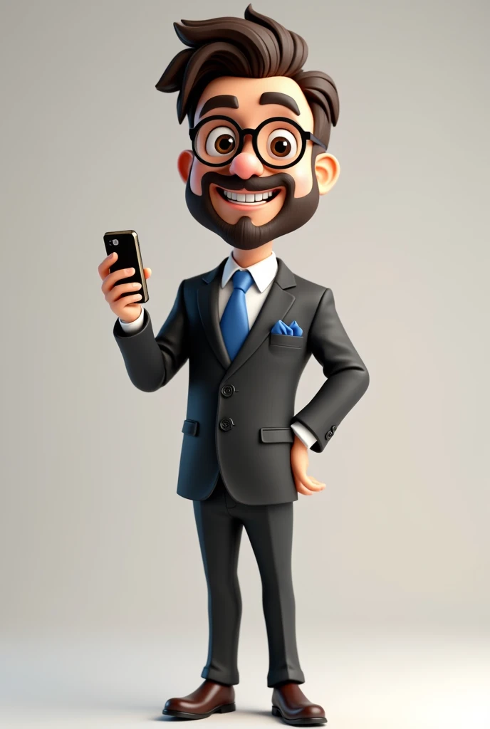 A full body 3D cartoon character. He has a friendly and charismatic appearance. The character is a young man with fair skin, dark brown hair, thick beard and eyebrows, large brown eyes and wears glasses. He is smiling confidently. The character is dressed formally, with a black suit, a blue tie and a handkerchief in the blue pocket that matches the tie. He has a cell phone in one hand and the other is pointing. Your relaxed posture suggests confidence and happiness. The background of the image is neutral, which highlights the character even more.