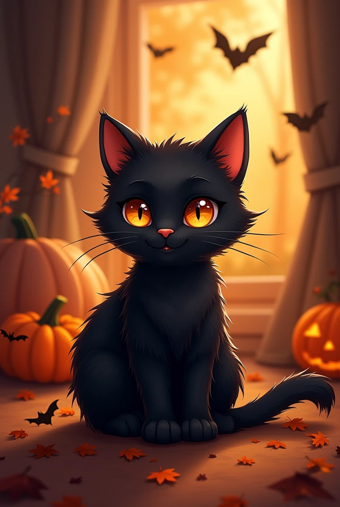 Fond d'écran chat noir halloween tons chaud cocooning mignon style manga