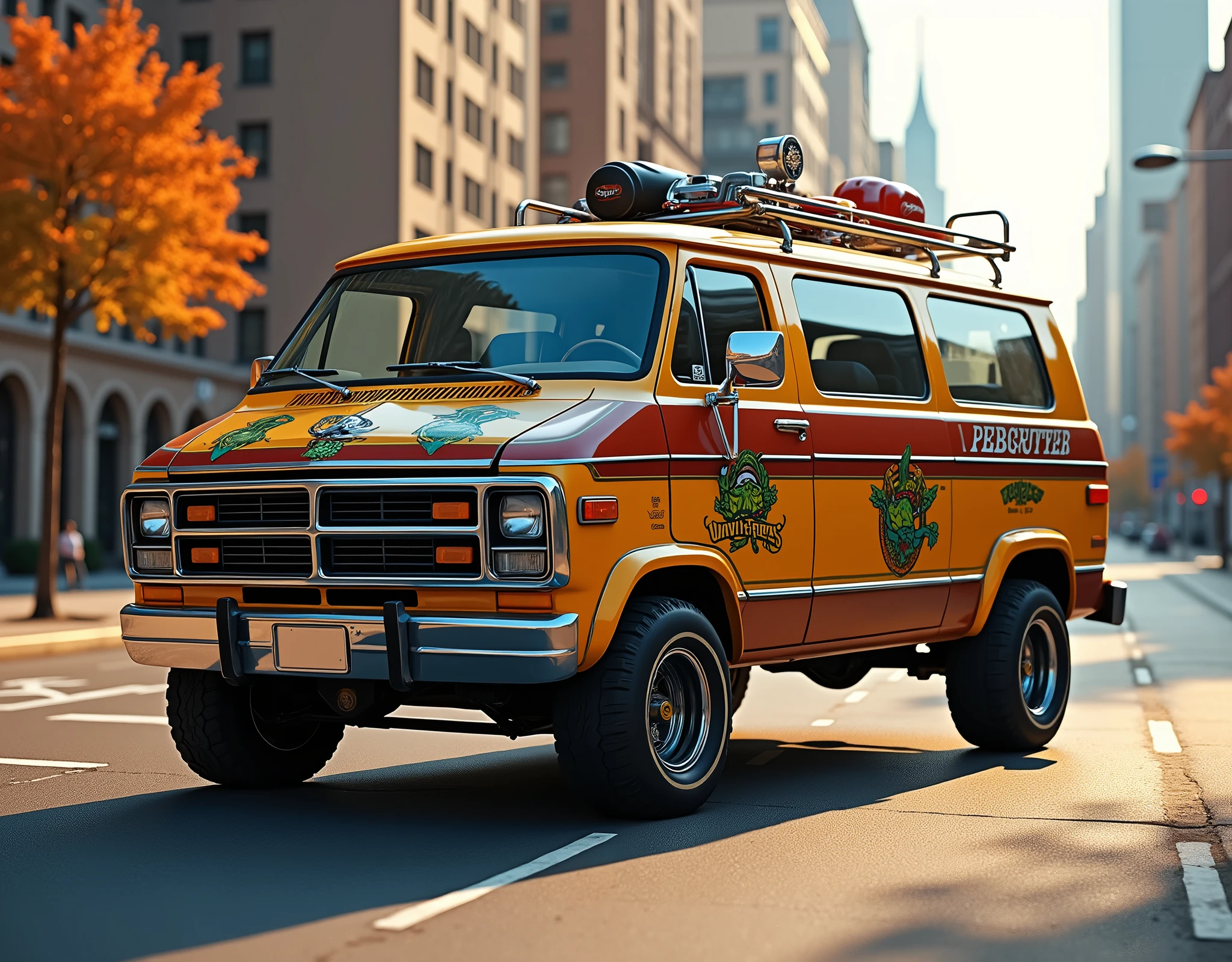 Make an image for a variation inspired by the the A-Team van and the Turtle Van from TMNT of a (1985 Dodge Caravan) in an empty city street in America in the daytime