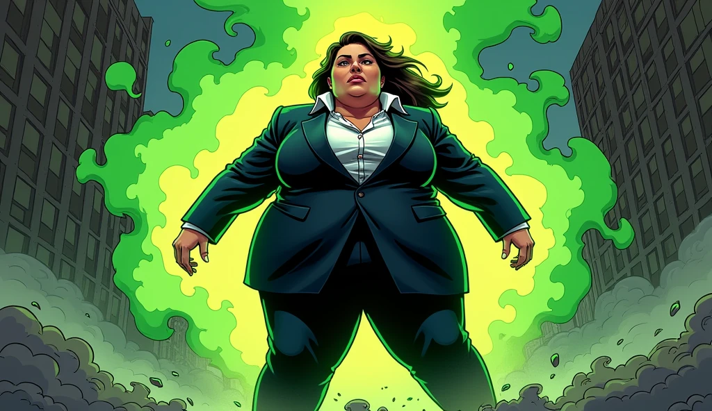 beautiful morbidly obese young female mob boss woman wearing a mobster suit farting and releasing green stinky gas from her rear, comic artstyle