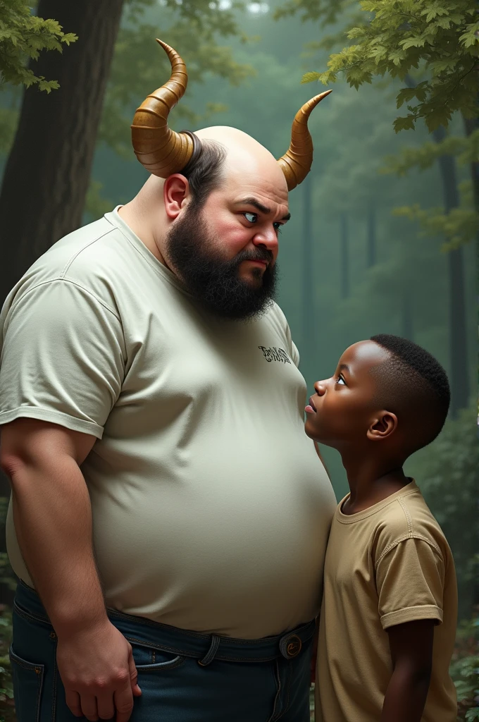 Create a white man, bald with some horns , fat blue eyes with a long sleeved t-shirt next to a dark-skinned, semi-fat man with an innocent face, semi-bald man of about 4 looking innocently at the person next to him. In the background there are some trees